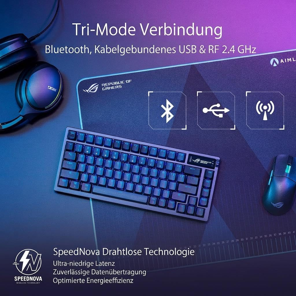 ROG Azoth Wireless Mechanical Gaming Keyboard (75% Form Factor, ROG NX Switches, PBT Doubleshot Keycaps, OLED Display, Bluetooth, 2.4Ghz RF Wireless, USB, DE QWERTZ Layout) Black
