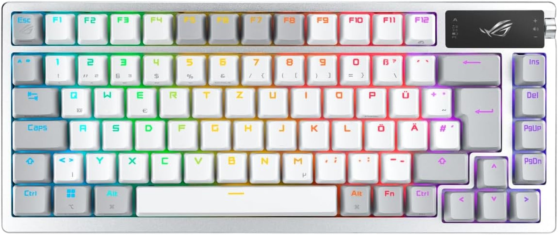 ROG Azoth White RGB Gaming Keyboard (QWERTZ Layout, 75% Keyboard Form Factor, Mechanical ROG NX Switches, OLED Display, Wireless with Bluetooth, 2.4Ghz RF, USB, Windows and Macos Mode, White)