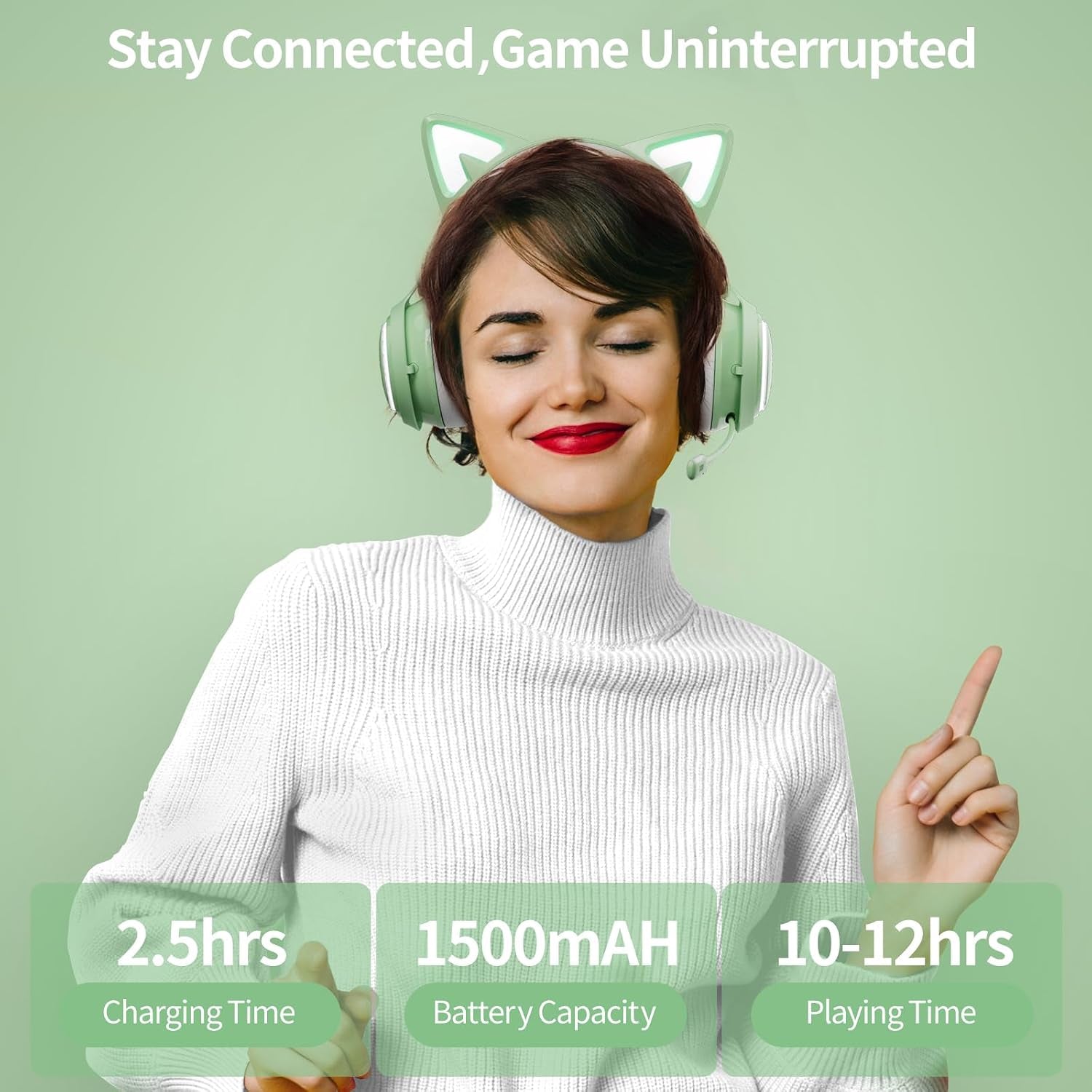 Cat Ear Headphones, Gaming Headset (Wireless, Green)