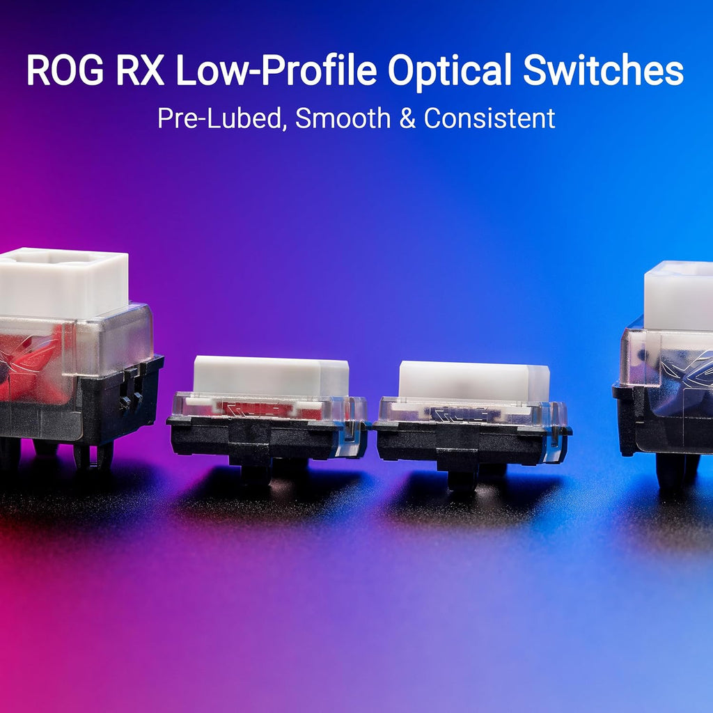 ROG Falchion RX Low Profile 65% Wireless Gaming Keyboard with ROG RX Blue Low-Profile Switches, Tri-Mode Connection, Protective Cover, Silicone Dampening Foam, Touch Panel, and Macos Support.