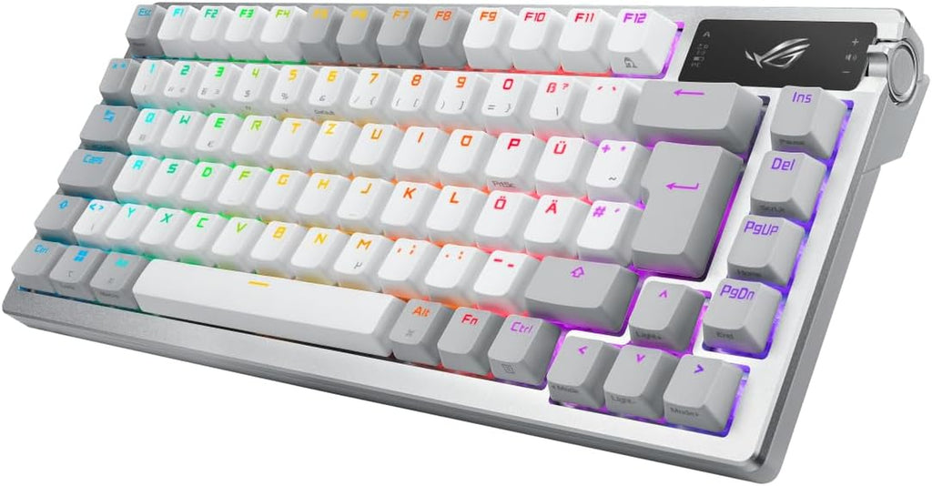 ROG Azoth White RGB Gaming Keyboard (QWERTZ Layout, 75% Keyboard Form Factor, Mechanical ROG NX Switches, OLED Display, Wireless with Bluetooth, 2.4Ghz RF, USB, Windows and Macos Mode, White)