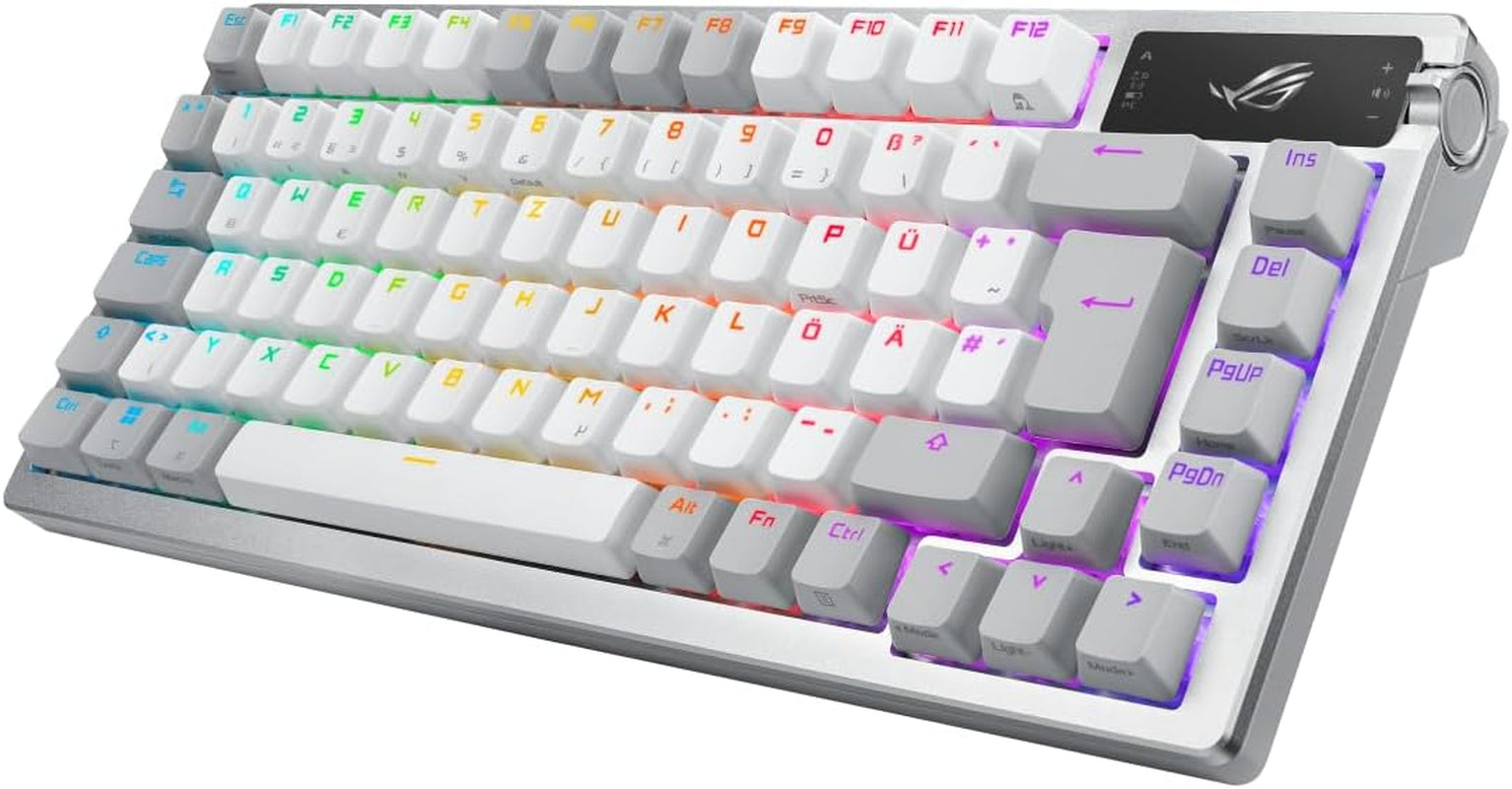 ROG Azoth White RGB Gaming Keyboard (QWERTZ Layout, 75% Keyboard Form Factor, Mechanical ROG NX Switches, OLED Display, Wireless with Bluetooth, 2.4Ghz RF, USB, Windows and Macos Mode, White)
