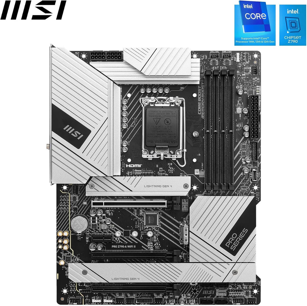 MSI PRO Z790-A Wifi II Motherboard, ATX - Supports Intel Core 14Th, 13Th & 12Th Gen Processors, LGA 1700-80A SPS VRM, DDR5 Memory Boost 7800+Mt/S/Oc, Pcie 5.0 X16, 4 X M.2 Gen4, Wi-Fi 6E, 2.5G LAN