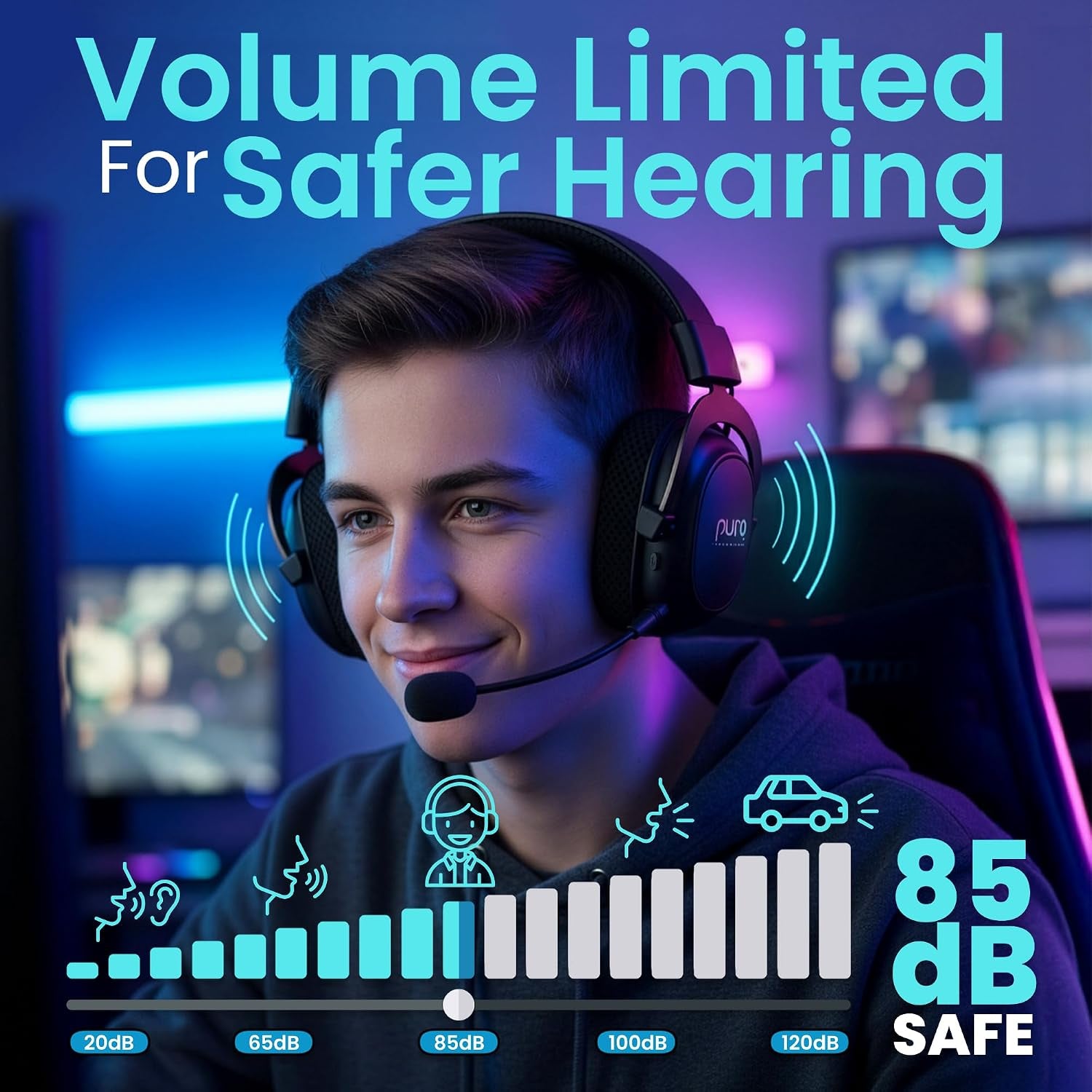 Purogamer Kids Gaming Headset with Mic, Wireless 85Db Volume Limiting