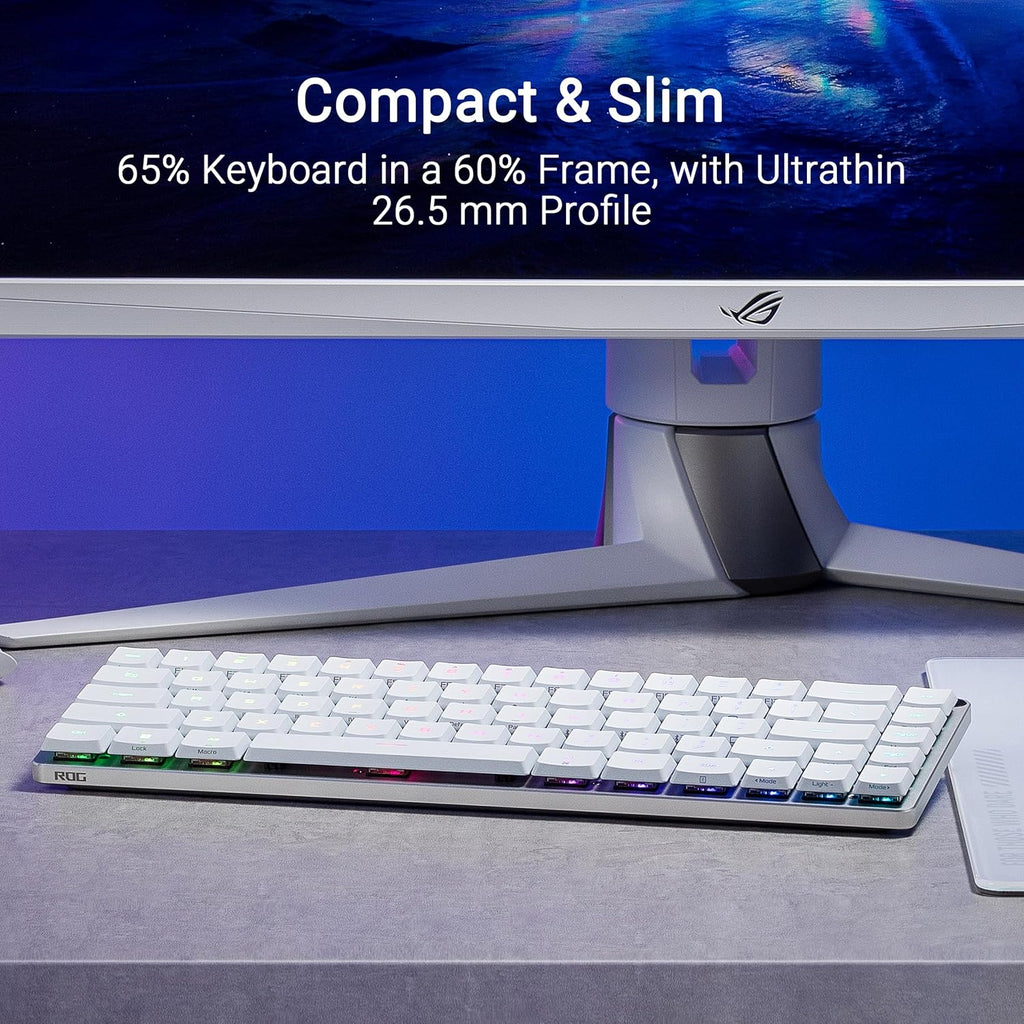 ROG Falchion RX Low Profile 65% Wireless Gaming Keyboard with ROG RX Blue Low-Profile Switches, Tri-Mode Connection, Protective Cover, Silicone Dampening Foam, Touch Panel, and Macos Support.