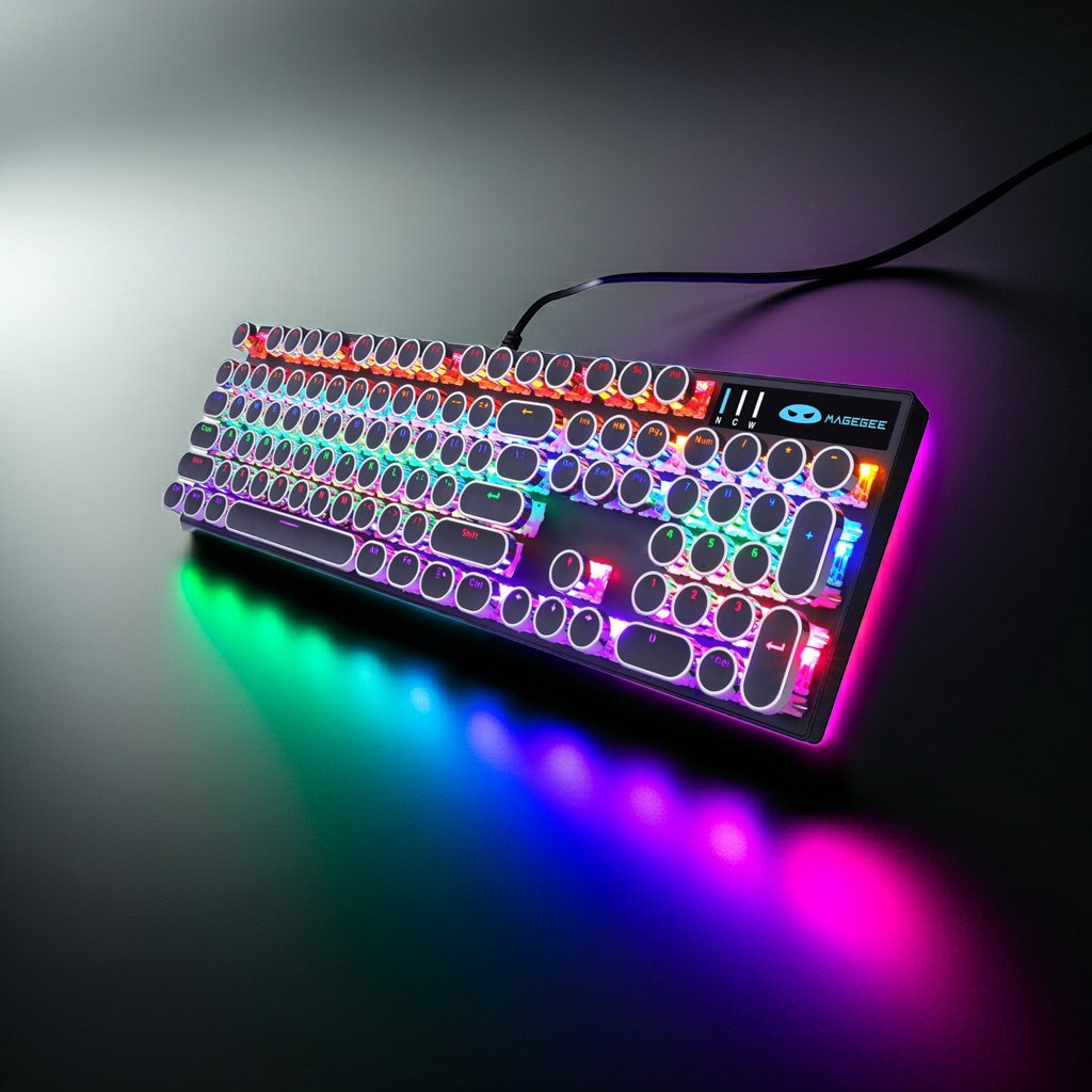 Mechanical Gaming Keyboard – RGB Blue Switch, 104 Keys, Retro Round Keycaps