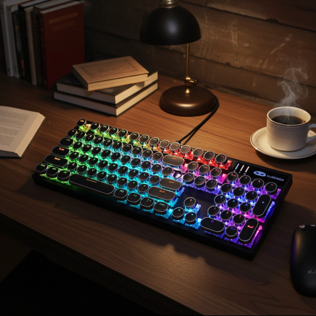 Mechanical Gaming Keyboard – RGB Blue Switch, 104 Keys, Retro Round Keycaps