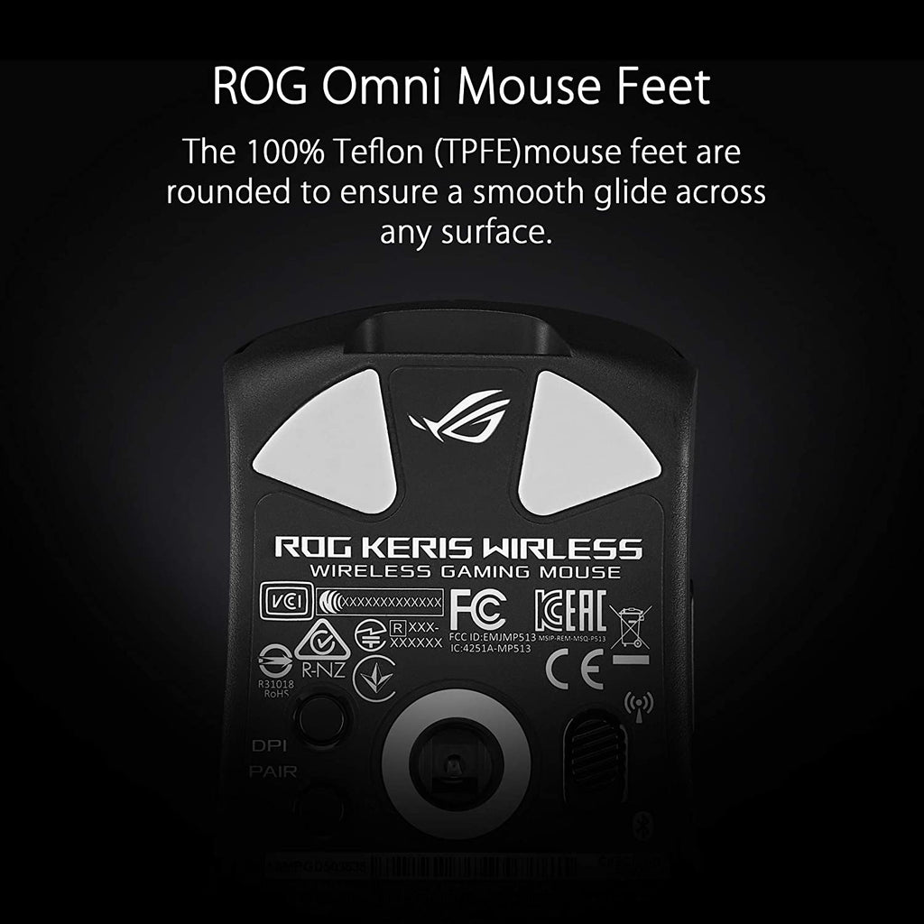 ROG Keris Wireless Gaming Mouse - Lightweight, 2.4Ghz, Bluetooth, ROG Push-Fit Switch Sockets, PBT L/R Buttons, ROG Omni Mouse Feet, ROG Paracord, Aura Sync RGB Lighting