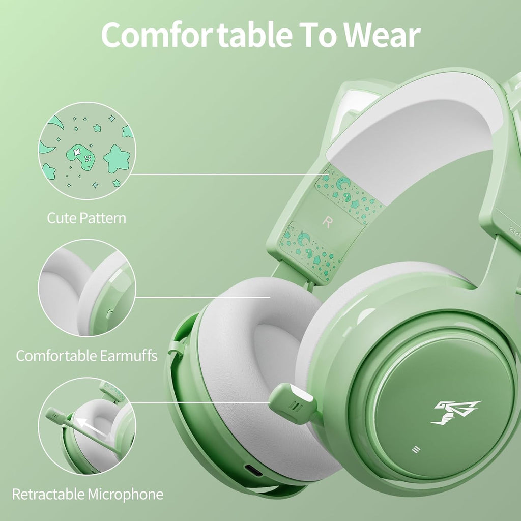 Cat Ear Headphones, Gaming Headset (Wireless, Green)