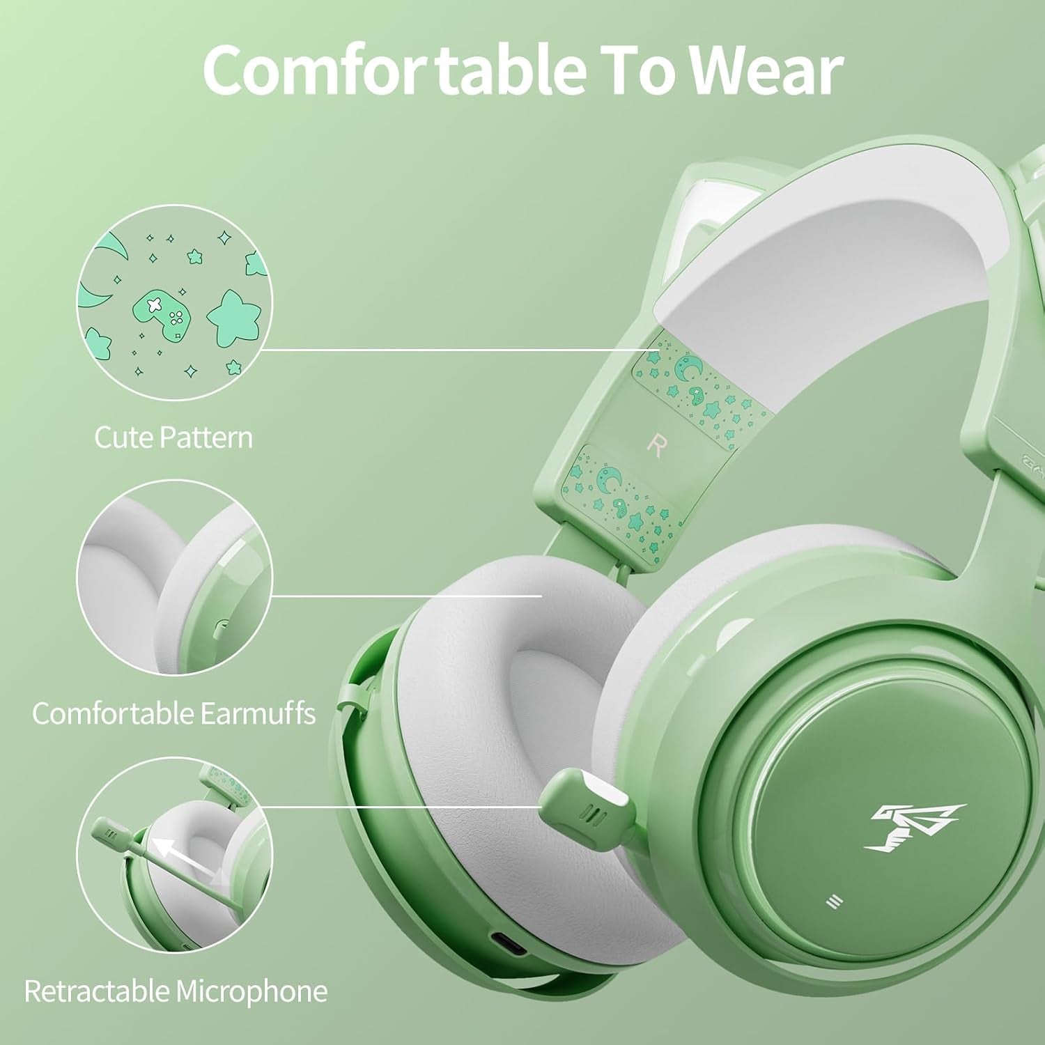 Cat Ear Headphones, Gaming Headset (Wireless, Green)