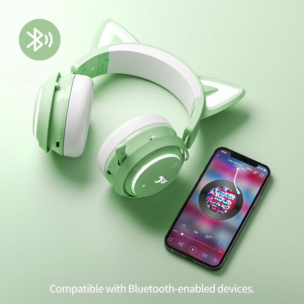Cat Ear Headphones, Gaming Headset (Wireless, Green)