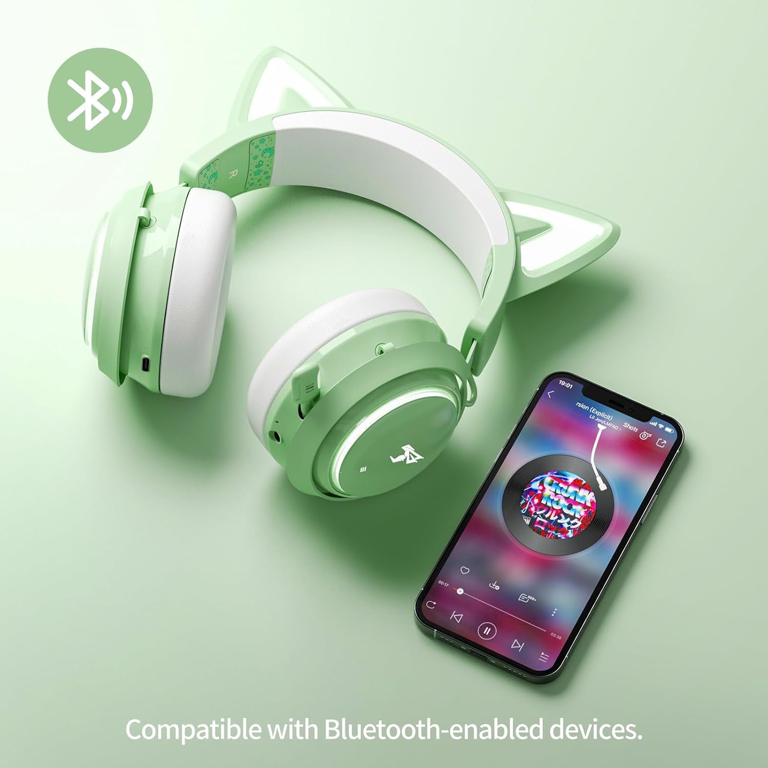 Cat Ear Headphones, Gaming Headset (Wireless, Green)