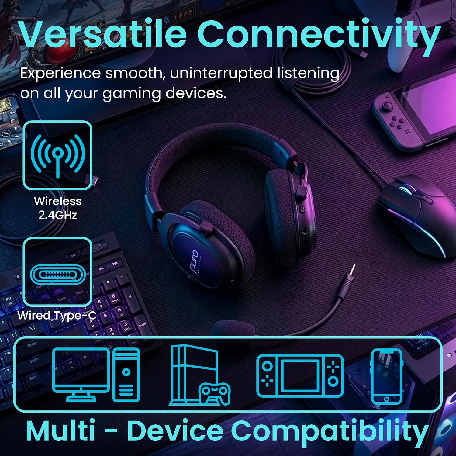 Purogamer Kids Gaming Headset with Mic, Wireless 85Db Volume Limiting