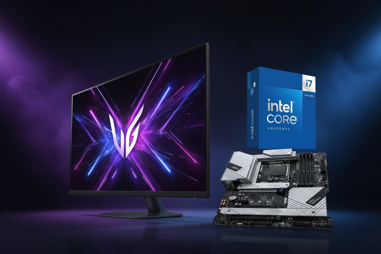 Side angle view of PC Gaming Bundle with LG UltraGear OLED Monitor, Intel Core i7 processor box, and MSI Z790 motherboard