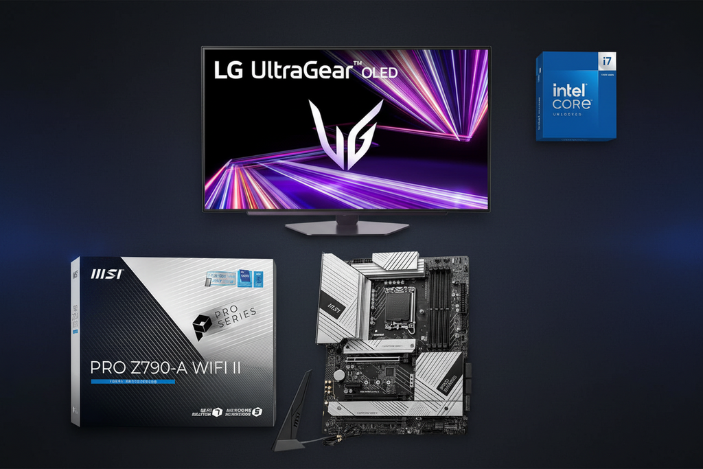 Top-down view of PC Gaming Build Bundle components — LG UltraGear OLED 27" Monitor, Intel Core i7 CPU, and MSI PRO Z790-A WiFi II motherboard with box